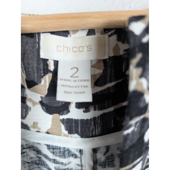 Chico's Jacket Blazer Sz L 2 Black White Tan Abstract Print Open Front Cotton - Picture 3 of 6